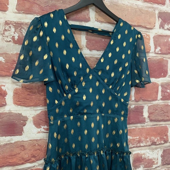 Francesca’s Dress Women’s Teal Blue Gold Polka Dot Abstract Chiffon Zip Up - Picture 3 of 7